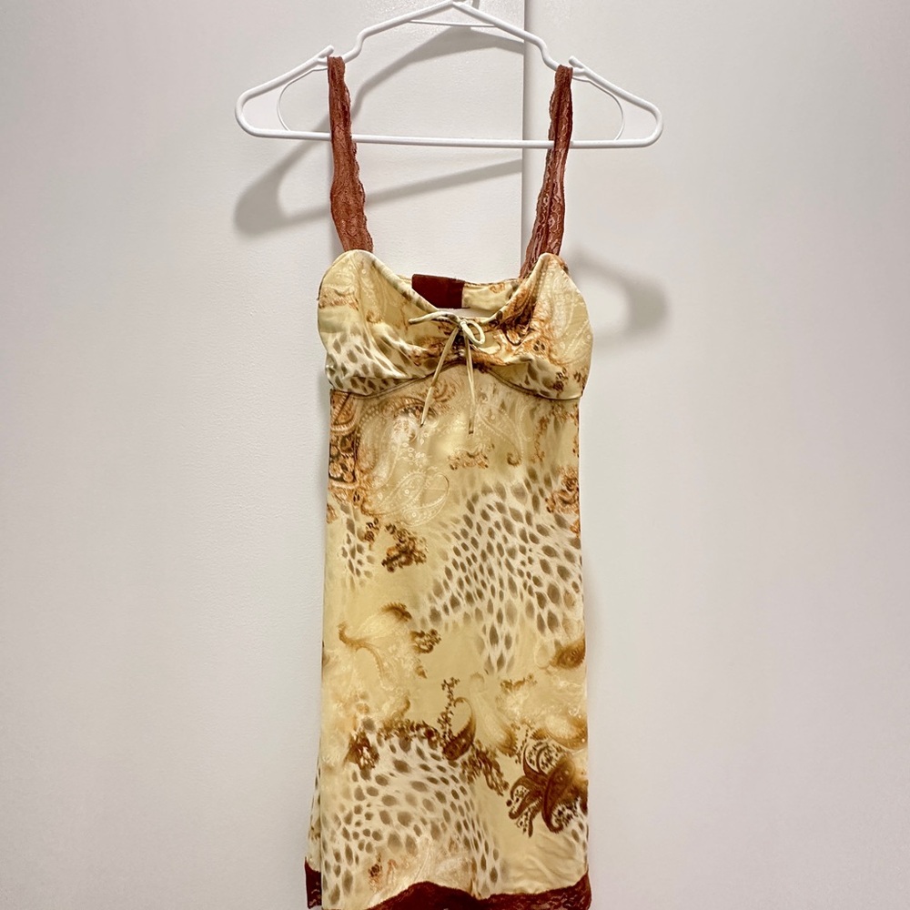 Tan animal print mix lace-strap mesh slip